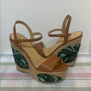 Michael Kors Tan Leather Wedge Sandals with Green Embroidered Leaf